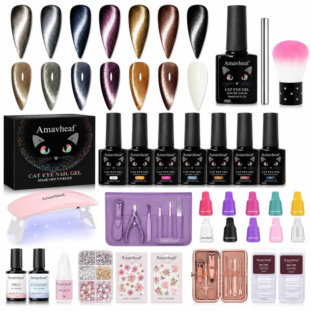Cat Eye Gel Nail Polish Kit with LED Nail Lamp, Magnetic Gel Polish Set with Magnet Stick, Nail Tips, Nail Glue, Manicure Tools and Nail Art Accessories, Soak Off UV LED Gel for DIY Nails (Set G)