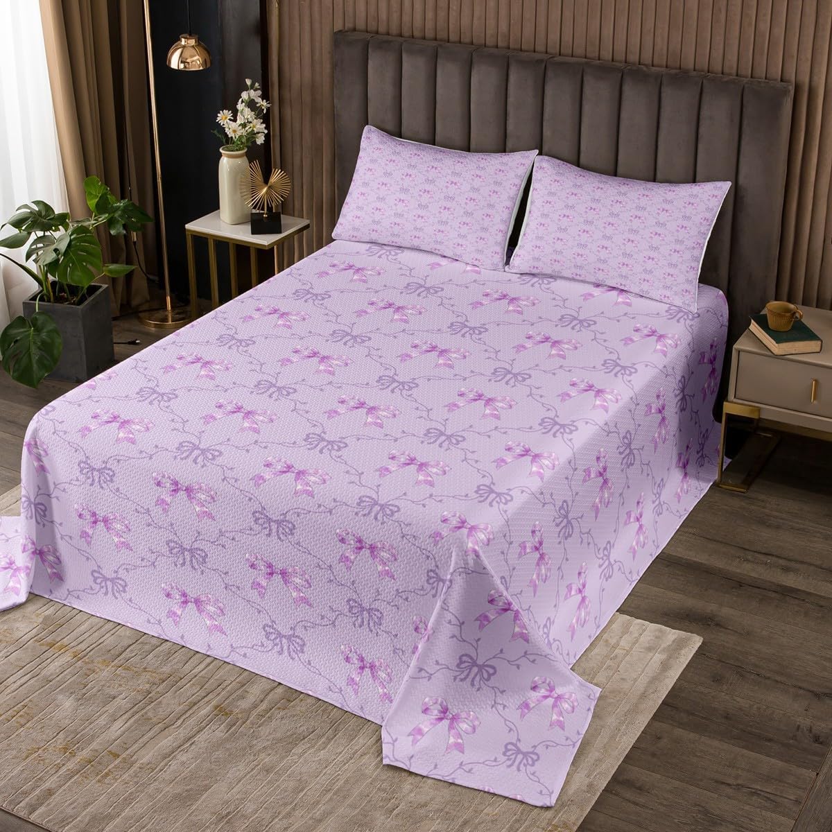 Erosebridal Trendy Purple Bow Quilt Set Queen for Teens Women - Cute Ribbon Bowknot Bedspread Dreamy Plaid Bowknot Coverlet Set for Kids Adults,Fashion Modern Aesthetic Bedding Quilted