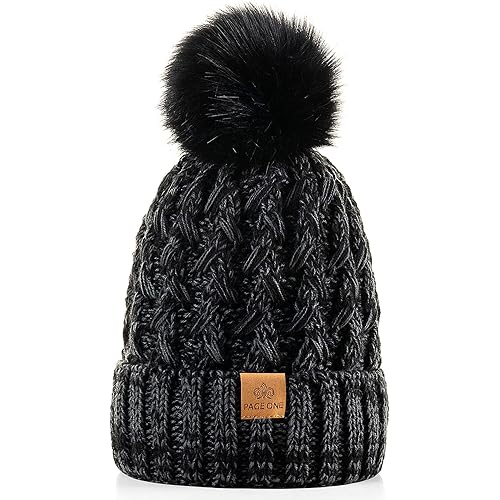 PAGE ONE Womens Winter Ribbed Beanie Crossed Cap Chunky Cable Knit Pompom Soft Warm Hat
