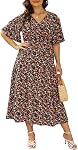 Keluummi Plus Taille Maxi Robe pour femmes V-Neck Floral Empire taille 3/4 Manche avec poches
