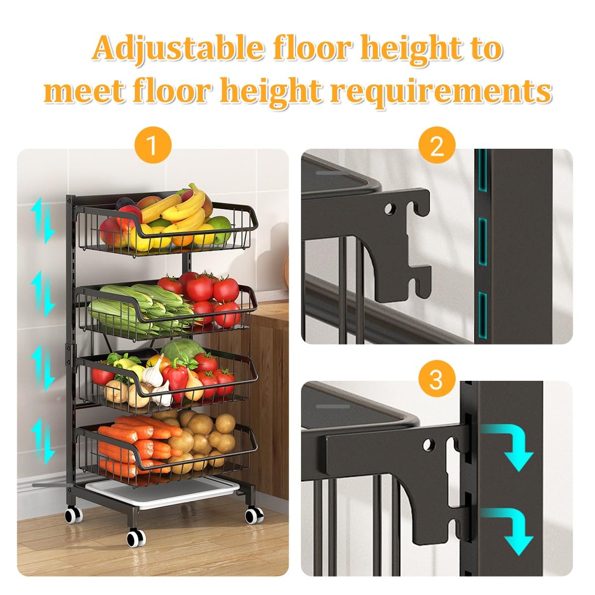 Carrello portafrutta con Ruote, Organizer a 4 Ripiani in Rete Metallica con Ruote, scaffale Multiuso Regolabile per Cucina o dispensa, per esporre Frutta e Verdura.