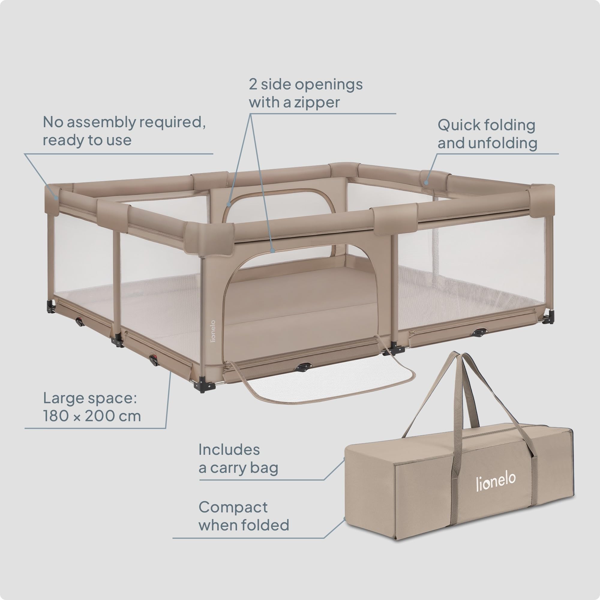 Lionelo Florence XL Easy Fold Laufstall Baby 180 x 200 cm, Faltbares Laufgitter Baby, Ohne Montage Nutzbar, 2 Seiteneingänge mit Reißverschluss, Atmungsaktives Netz, Weiche Kanten, Transporttasche