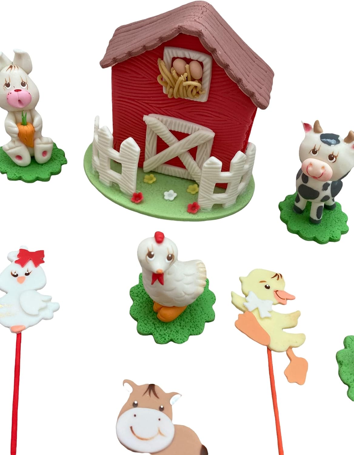 Zoeartcrafts Farm animal cake toppers Set - Centerpieces for birthday & baby Shower parties - rabbit pig cow rooster horse duck barn (Pink, Barn + 6 centerpieces 3D)