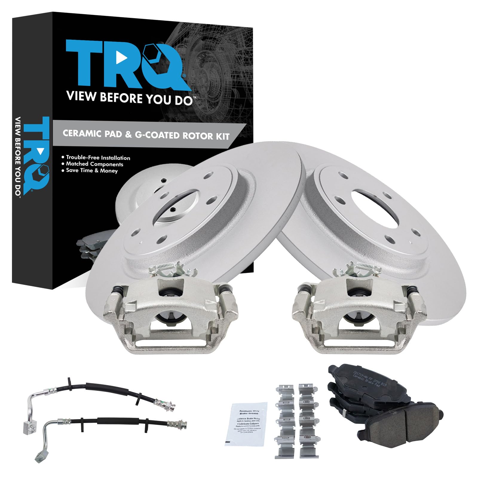 TRQ Rear Brake Pad and Rotor Set Ceramic Rotors Calipers Hoses Compatible with 2009-2010 Toyota Matrix 2012 Matrix