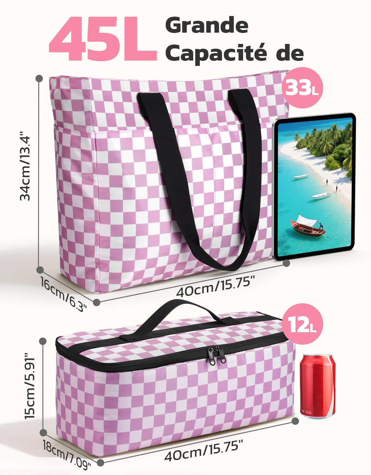ISEYOU Grand Sac de Plage et Sac Isotherme, 45L Sacs Cabas Femme Imperméables avec Fermeture Éclair, Compartiment Sec-Humide, XXL Sacs Piscine Famille pour Voyage, Vacances, Pique-Nique, Gym