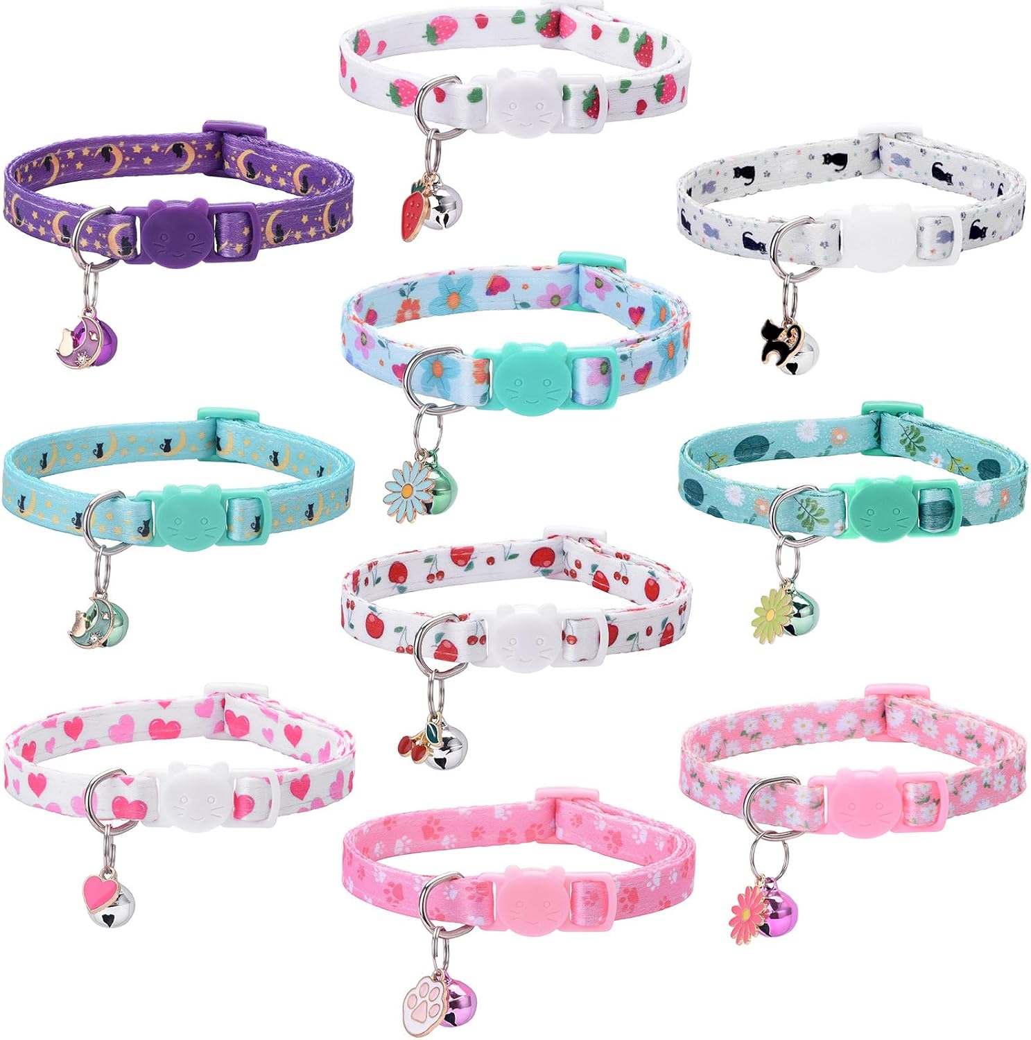 10PC Floral Cat Collar Set with Bells – Breakaway Safety for Kittens and Small Cats (#2)