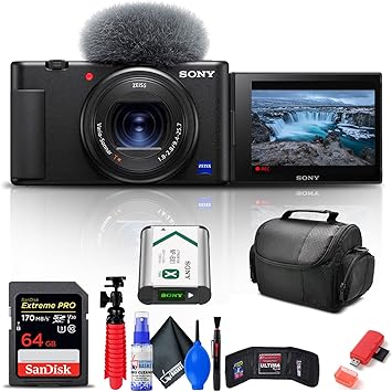 Sony ZV-1 Digital Camera (Black) (DCZV1/B) + 64GB Memory Card + Card Reader + Deluxe Soft Bag + Flex Tripod + Memory Wallet + Cleaning Kit (Renewed)
