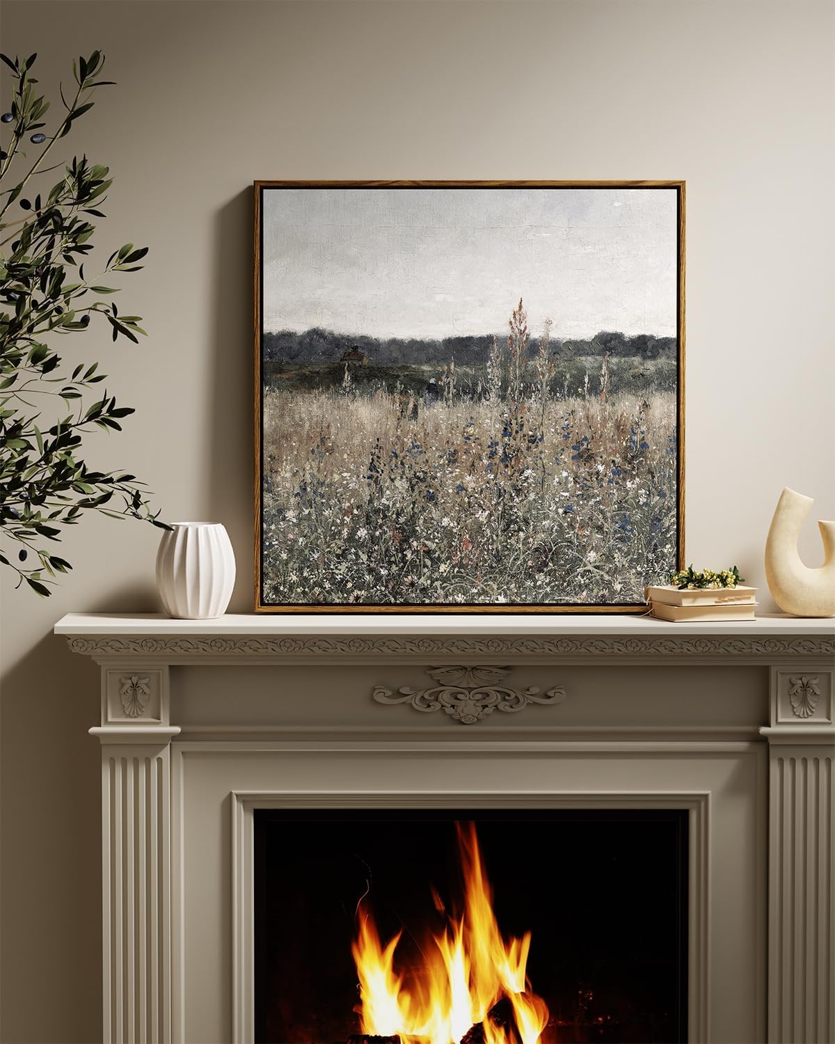 insimsea square framed canvas wall art, scenery field home decor, vintage meadow flowers wall art prints, retro nature floral wall decor for living room bedroom home bathroom 24"x24" champ fleuri 24"l x 24"w