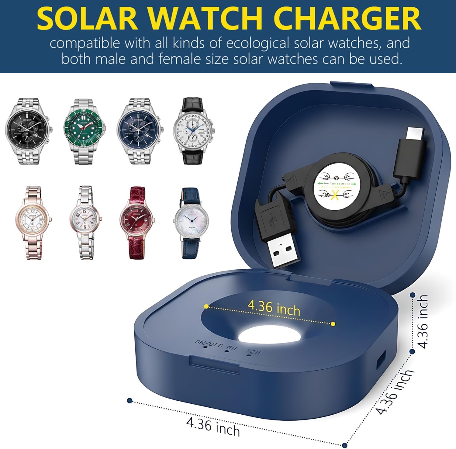 Solar Powered Watch Fast Charger for All Eco Solar Watches Reloj Hombre Solar Pad Power Smart Watch, Portable Design, Timing Function (Blue) image 2