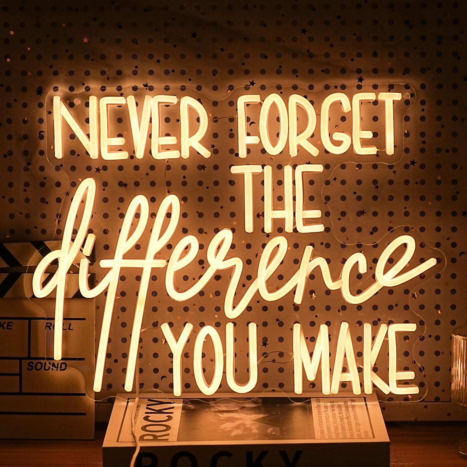 Never Forget The Difference You Make Neon Sign Cool Dimmable Led Letters Light Up Sign USB Powered Warm White Neon Light for Bedroom Study Room Bar Shop Man Cave(16.5 * 12.6In)