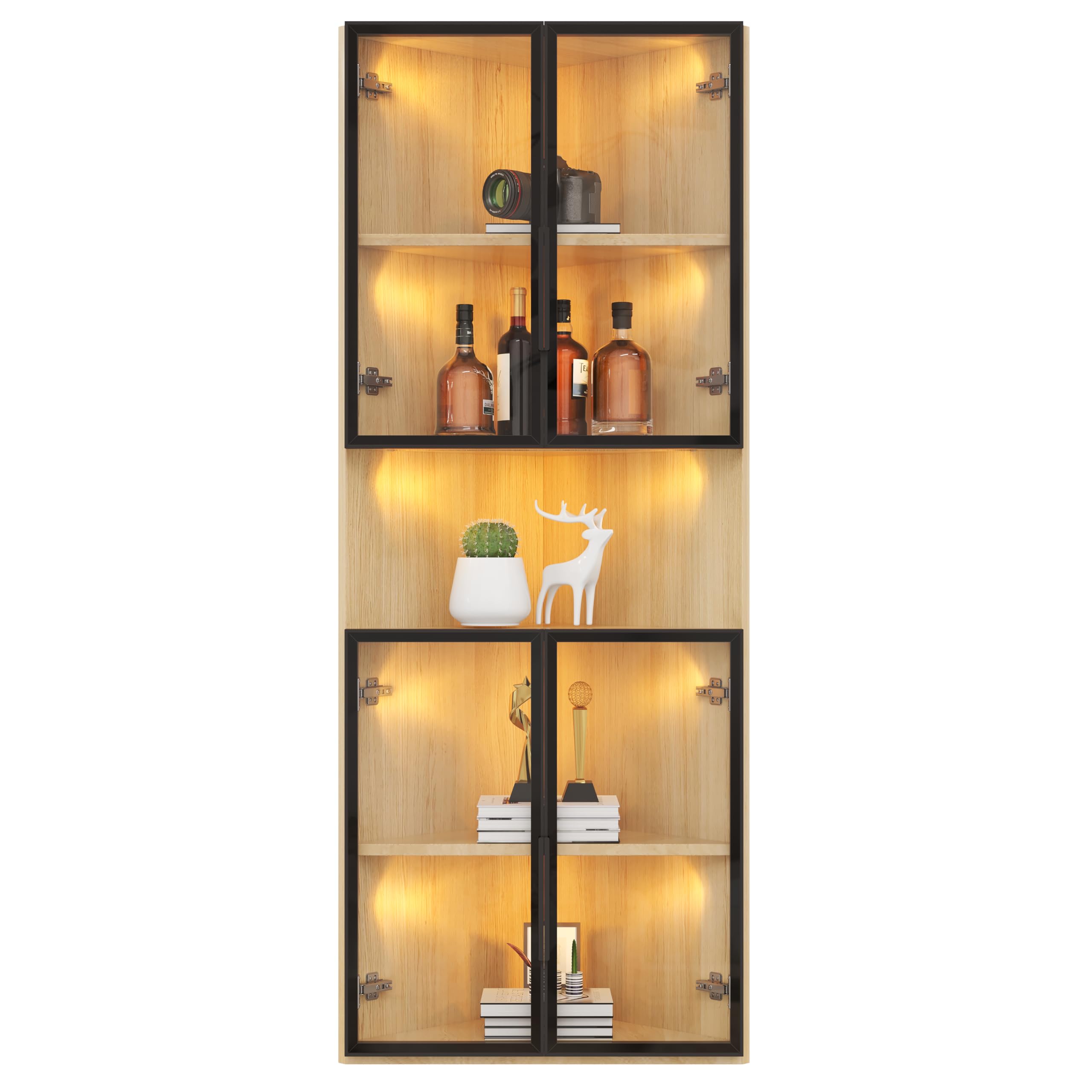 BTM Eiche Glasvitrine Stehend mit Tür, Eckvitrine Wohnzimmer, 160cm LED Vitrine Schmal Sammlervitrine Eckschrank