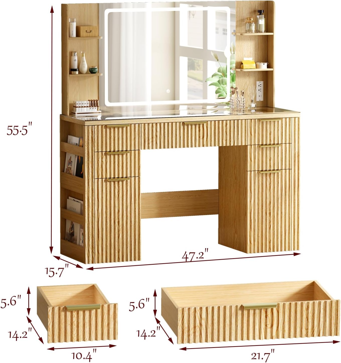 28.7" Mirror and Lights, 47.2" Fluted Makeup Vanity Desk with Large, 5 Drawer Vanity with Power Strip, 6 Open Shelves, 2 Cabinet, Modern Bedroom Vanity Featuring Visual Transparent Glass