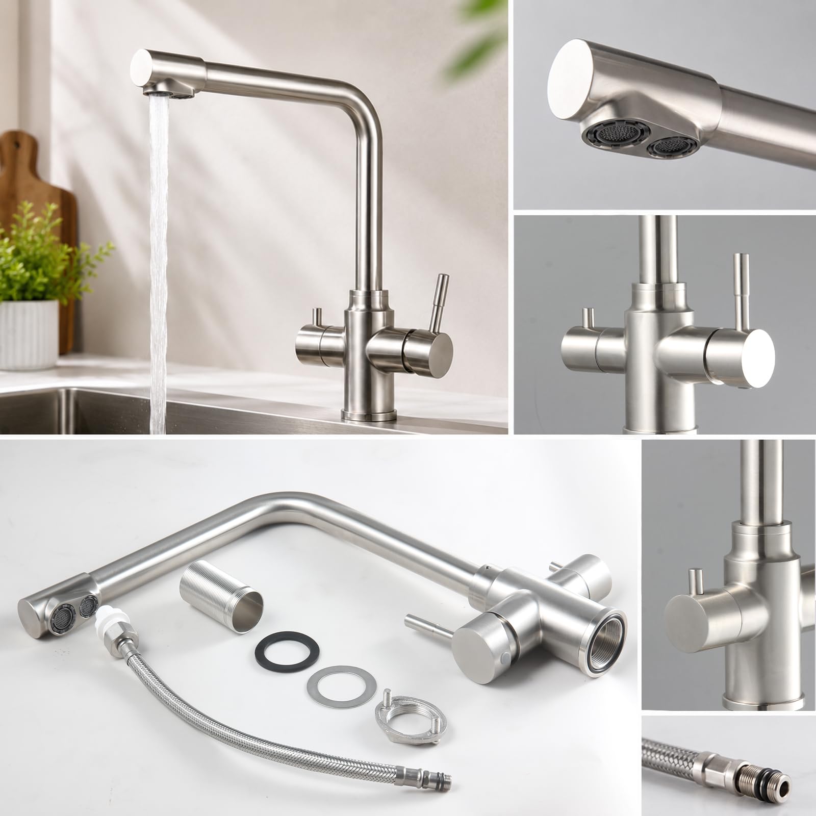 VICTOVA Grifo Cocina 3 Vías para Ósmosis Agua Fría y Filtrada | Canal independiente para agua filtrada · Agua fría y caliente · Giro 360° · Acero inoxidable · Cartucho cerámico