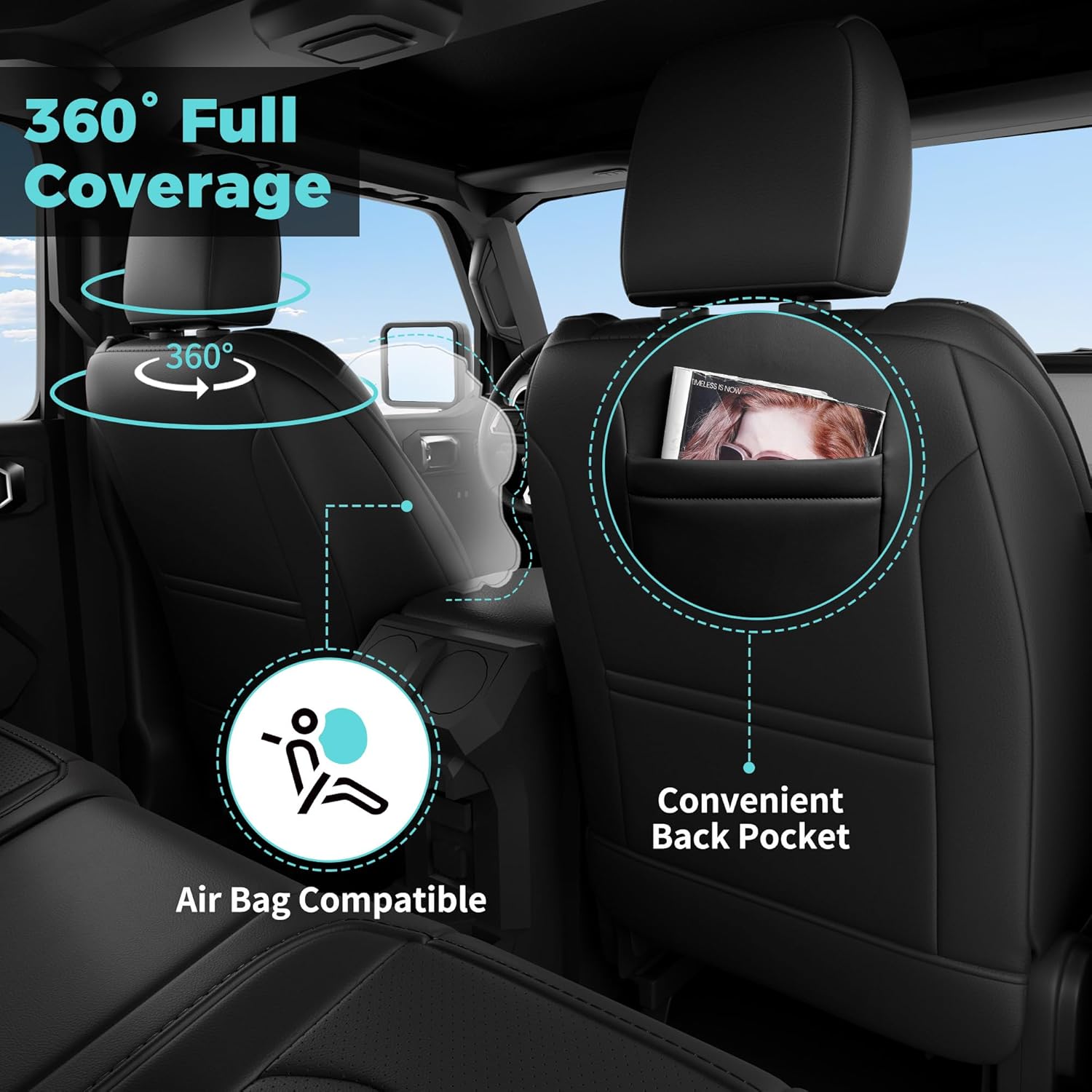 Seat Covers for Jeep Gladiator 2020-2024 2025 Full Set, Universal Fit with & Without Rear Cup Holder, Faux Leather, Black