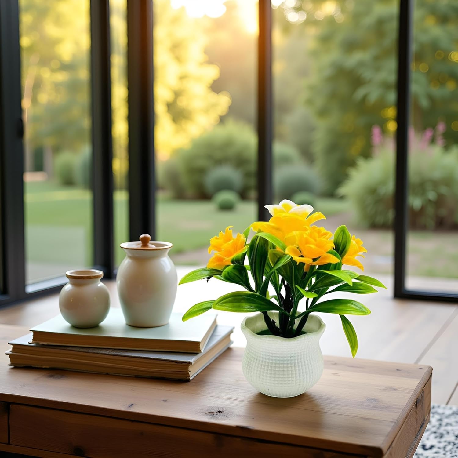 2Pcs Yellow Artificial Flowers, Fake Flowers, Artificial Plants Indoor, Artificial Potted Plants 5 Rose Flower Head Wedding Faux Floral Bonsai Indoor Outdoor Desktop Decoration - Image 6