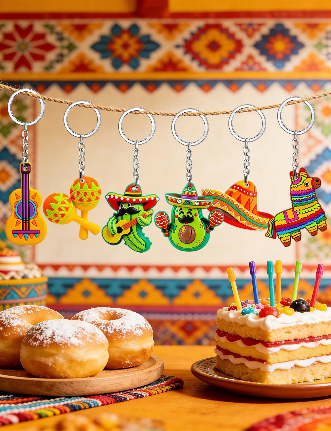 60Pcs Mexican Keychains, Cinco De Mayo Party Favors Donkey Maraca Sombrero Guitar Cactus Keychains