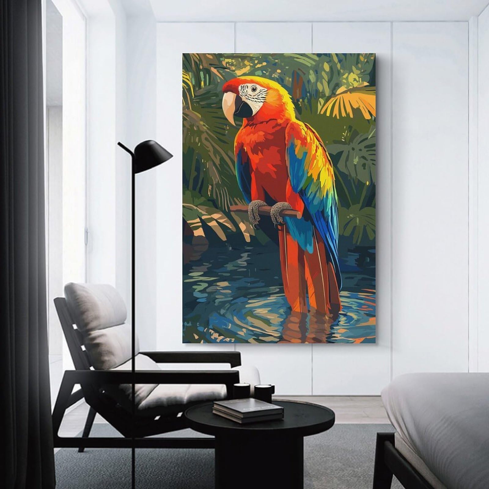 Junmoney Colorful Macaw in Tropical Setting Wall Art Print, 24x36inch(60x90cm), for Study, Office Or Focused Interiors, Home Office Artwork with Decorative Appeal