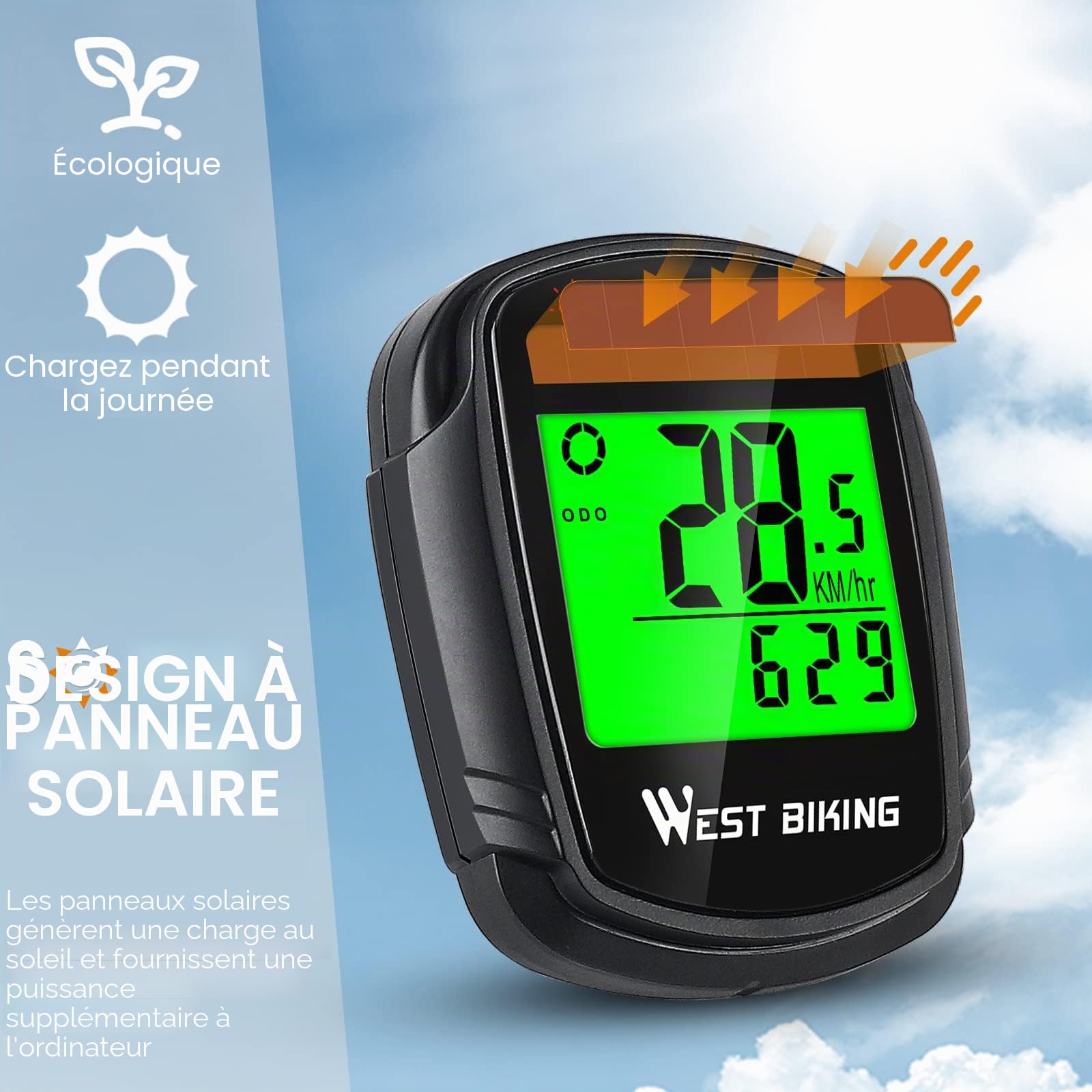 Compteur de vélo avec Compteur de Vitesse et odomètre à énergie Solaire sans Fil étanche LCD rétro-éclairage Automatique et Multifonction