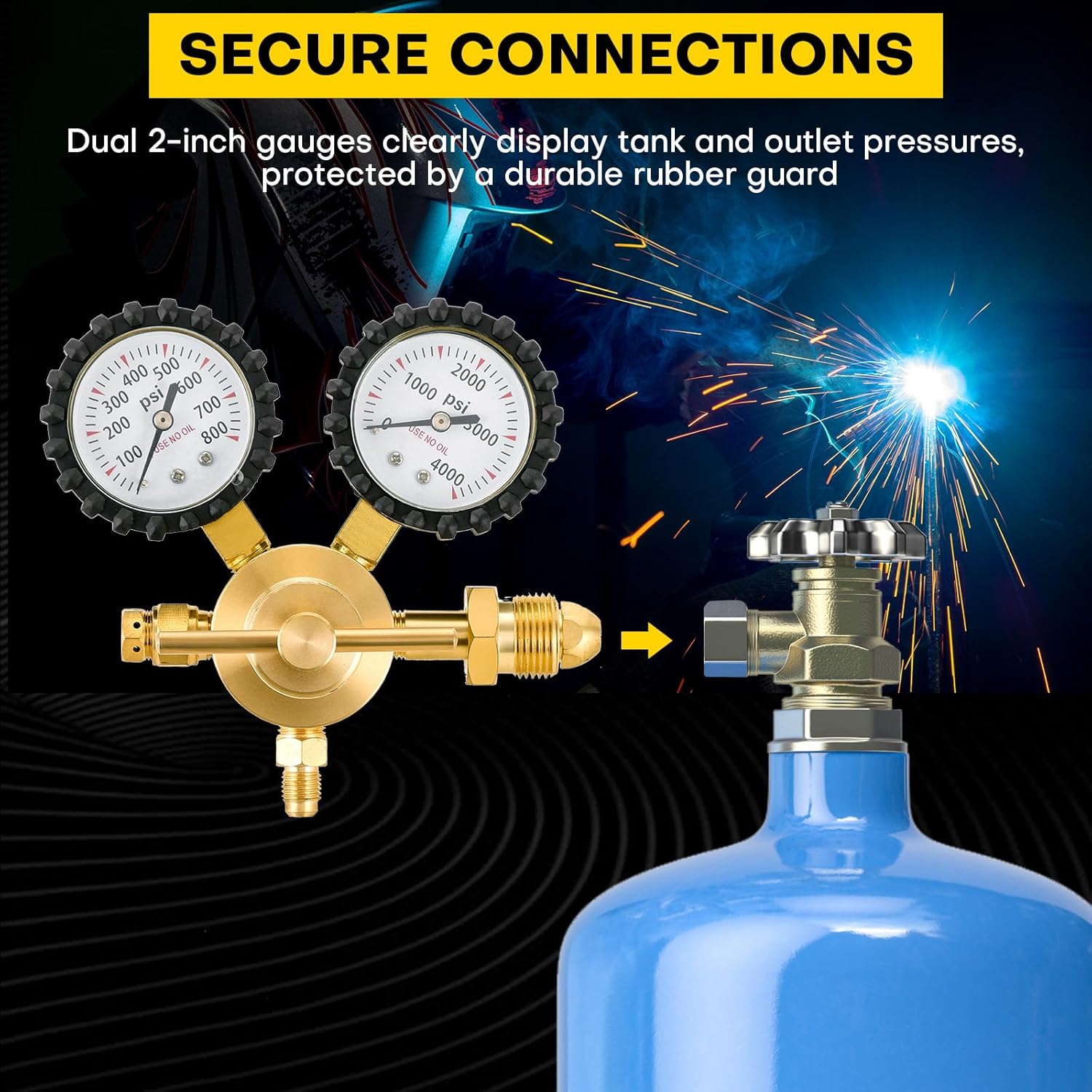 Heavy-Duty Nitrogen Regulator 0-800 PSI | Nitrogen Regulator Hvac, CGA580 Inlet, 1/4-Inch Male Flare Outlet, Brass Body, Double Gauges, Ideal for HVAC Purging and Pressure Charging