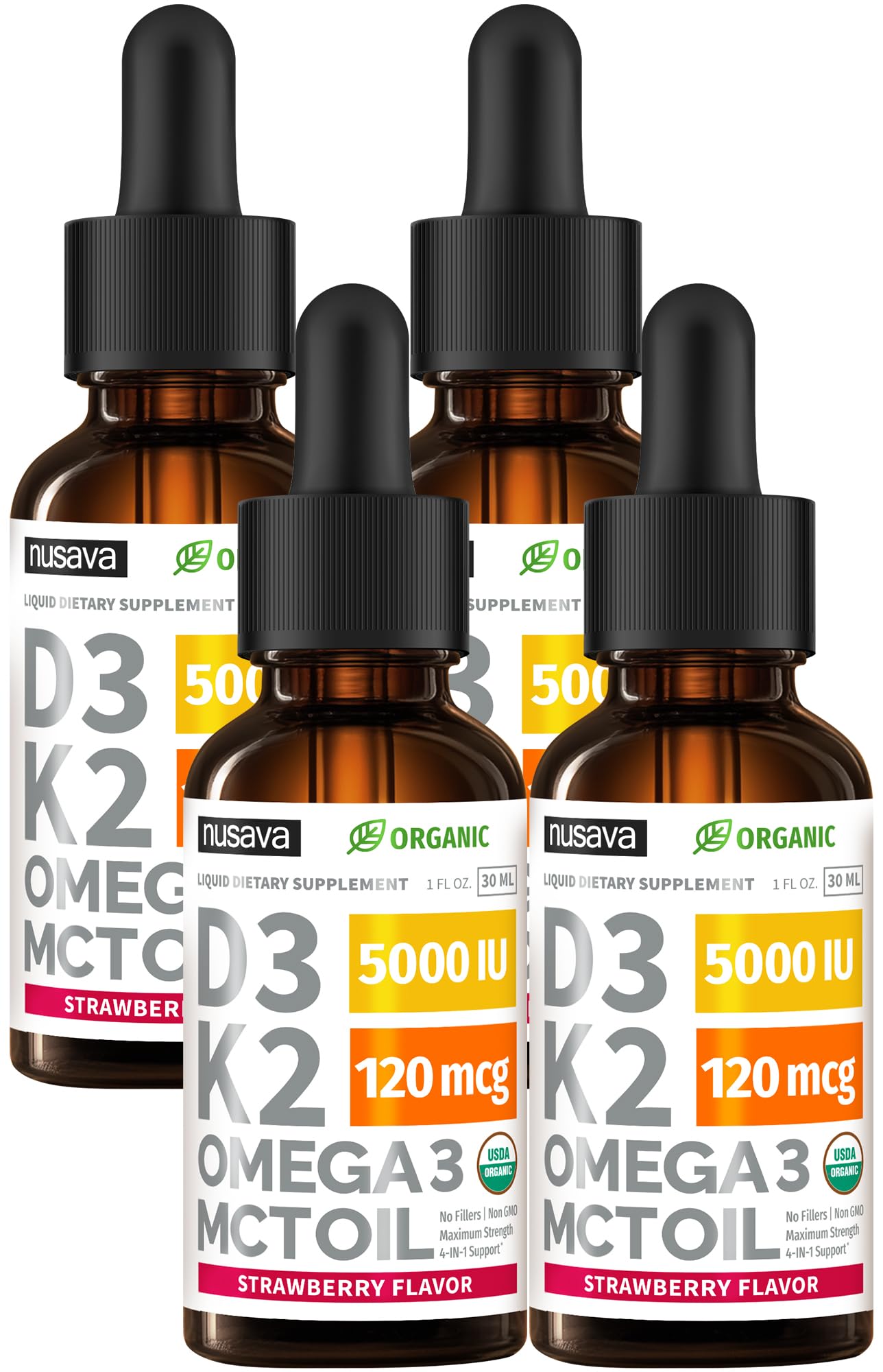 (4 Pack) Organic Vitamin D3 K2 Drops with MCT Oil &amp; Omega 3 - Liquid Vitamin D3 5000 IU - K2 D3 Vitamin Supplement - Vitamin D Drops for Women &amp; Men - No Fillers, Non-GMO, GMP, Strawberry (4 Fl Oz)