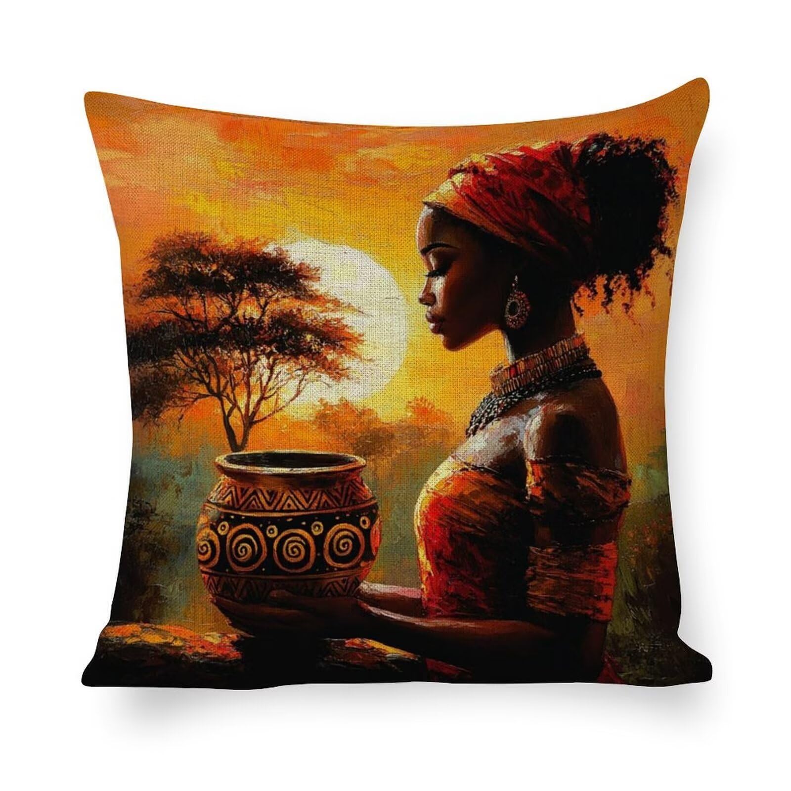 Juego de 4 Fundas de Cojín Lino 70x70 Centímetros - Diseño Mujer Africana con Cremallera, Lavable a Máquina & Anti-Arrugas - Fundas Sofá Cama Cuadradas para Salón Dormitorio Decoración Hogar Q3254