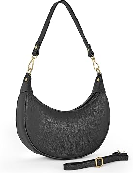 Italian Genuine Leather Shoulder Bag for Women, Crescent Saddle Style with Short & Long Straps | Soft Leather Purse Black