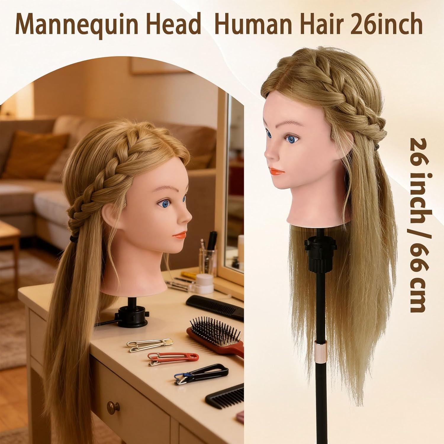 TopDirect Friseur Übungskopf 66 cm, 80% Echthaar-Mix, Haselnussbraun