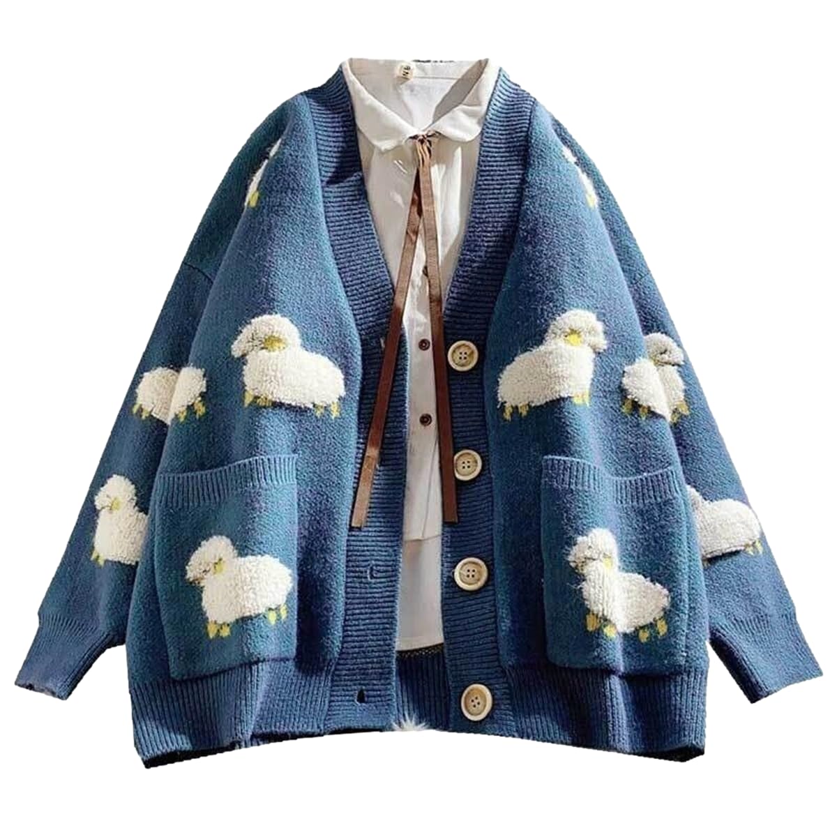 GK-O Ladies Girl Cute Sheep Sweater Coat Cardigan Knitted Tops Kawaii Preppy Cartoon Casual