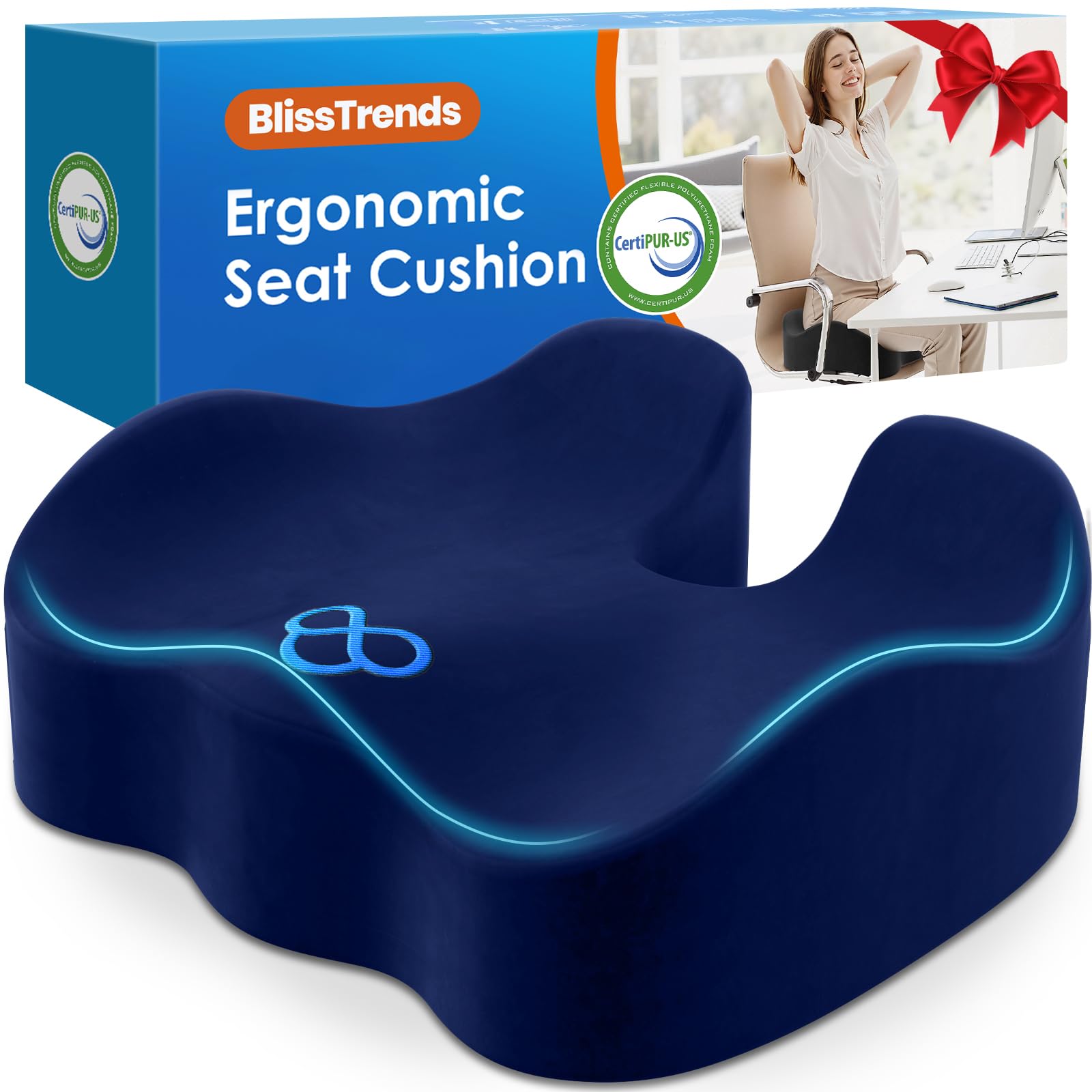 BlissTrends Seat Cushion,5.2in Thick Memory Foam Cushions for Office Chair, Car Seat, Airplane, Relieving Pressure Tailbone Sciatica Back Pain for Long Sitting Office Workers, Car Drivers Blue