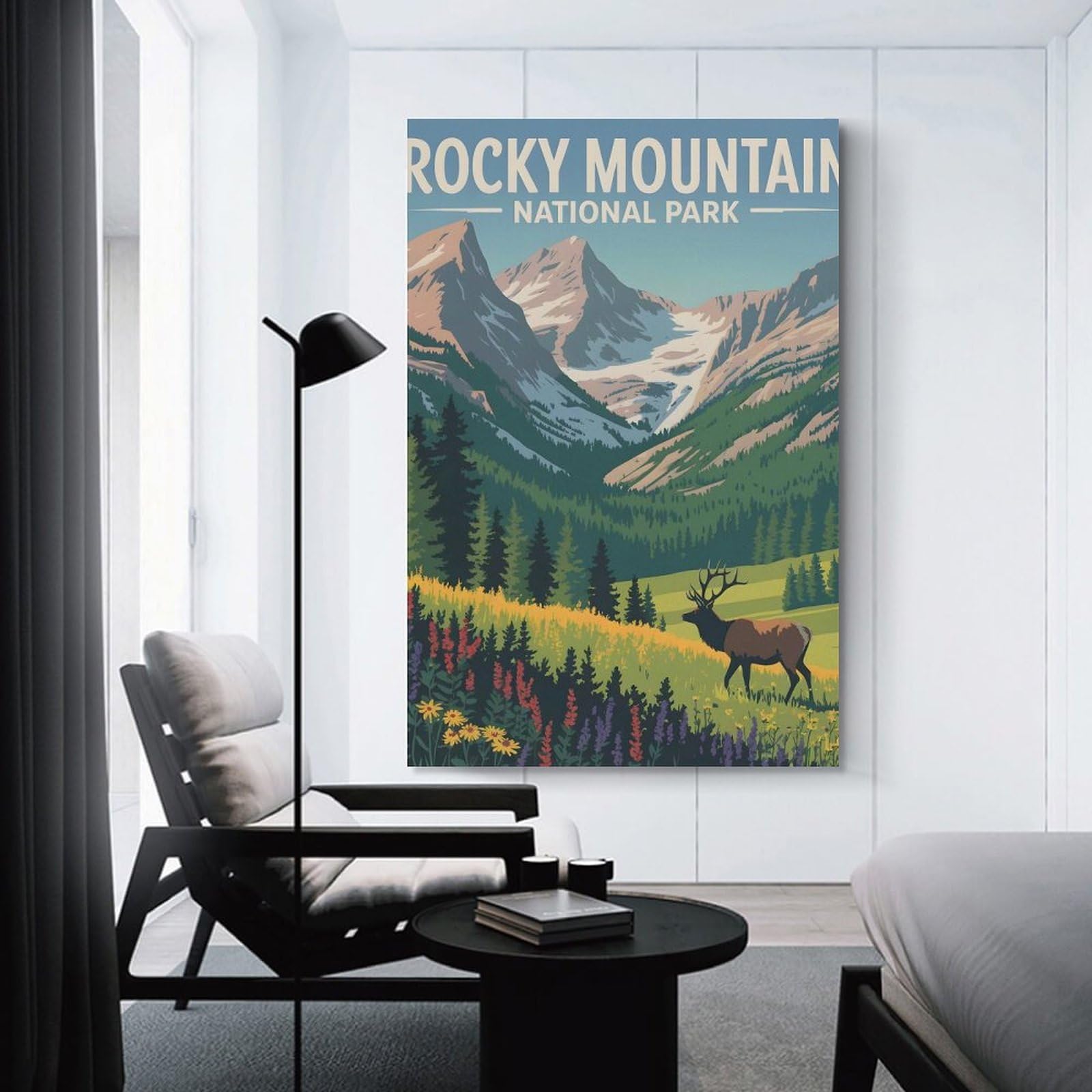 Junmoney Canvas Wall Picture Rocky Mountain National Park Illustration, 24x36inch(60x90cm), for Office, Study Or Home Workspace, Canvas Wall Decor for Creative Rooms