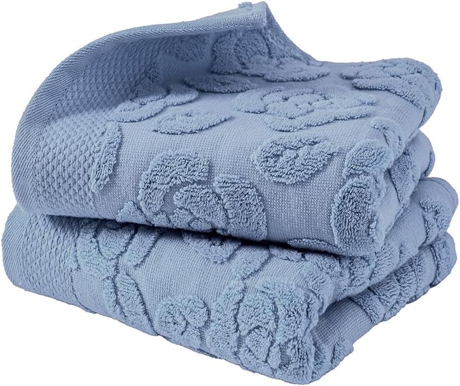 YiLUOMO Blue Embossed Floral Pattern Hand Towel Set of 2 Super Soft 100% Cotton Highly Absorbent Decorative Rose Bath Hand Towels for Bathroom Home 13x 29 Inch - Image 5