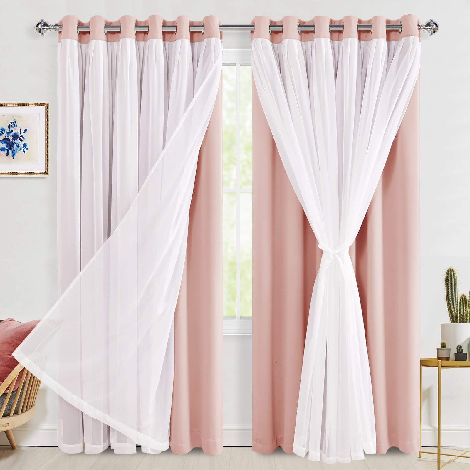 Rideau occultant double couche pour chambre à coucher rose