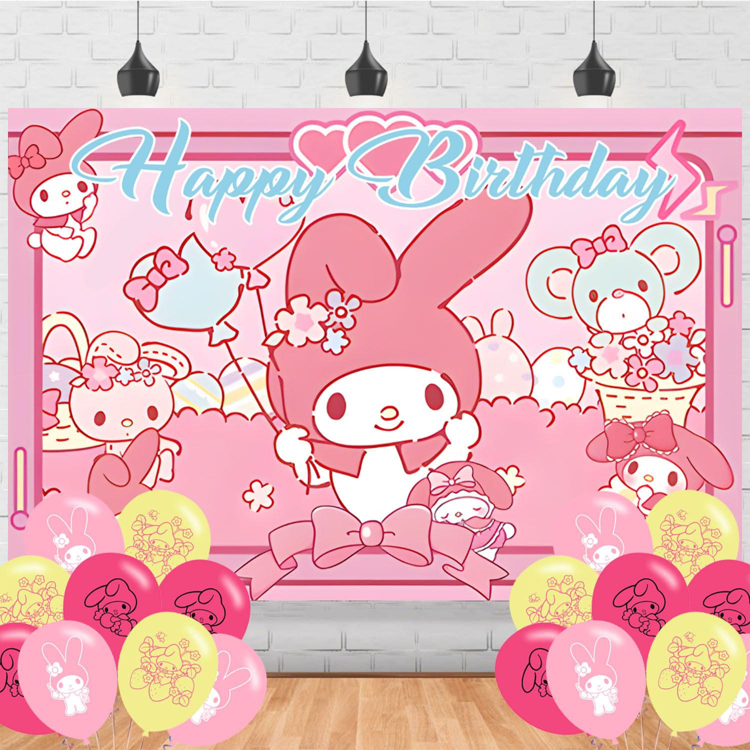 My Cute Melody Birthday Decorations,Cute Melody Backdrops for Party Decorations Supplies, Happy Birthday Banner Backdrop for Party Supplies (5x3ft)