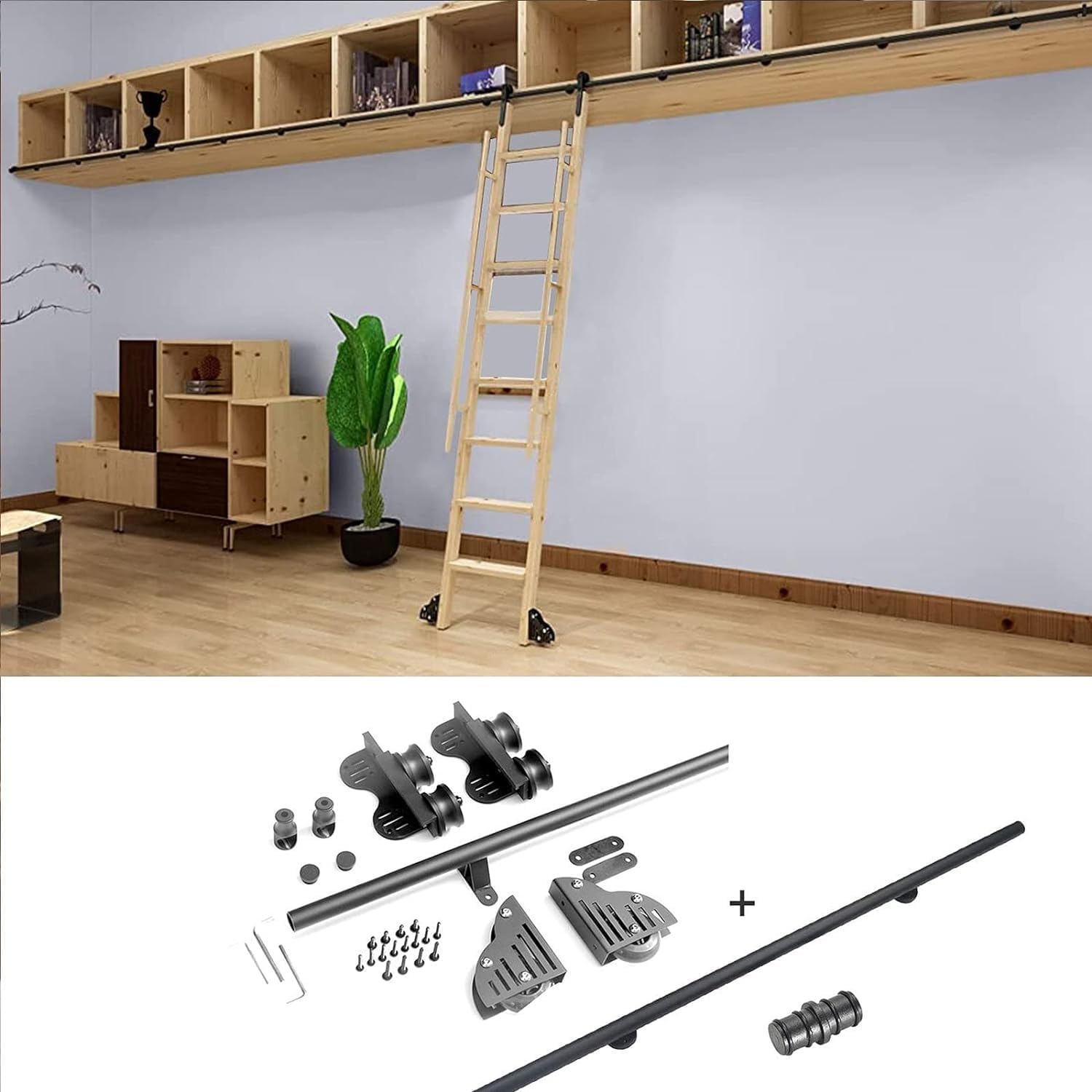 Rolling Ladder Hardware Library Sliding Ladder Hardware Kit, Round Tube Mobile Ladder Track, Home/Office Rolling Ladder Rail Full Set Kit (200cm(6.6 ft) track kit)