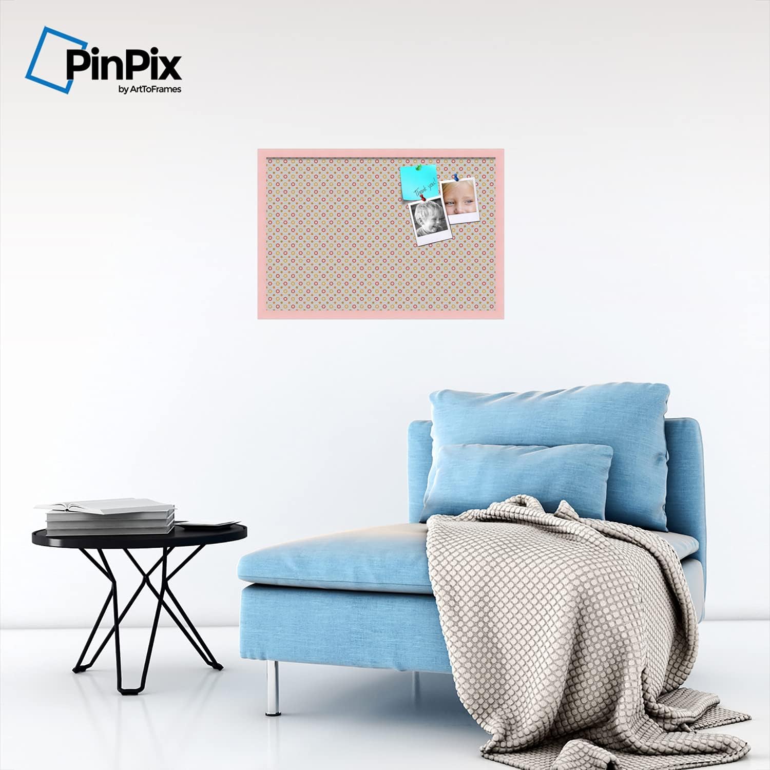 PinPix Decorative pin Cork Bulletin Board Made from Canvas, Dot Pattern Printed at 30x20 Inches and Framed in Baby Pink Stain on Beech (PinPix-340)