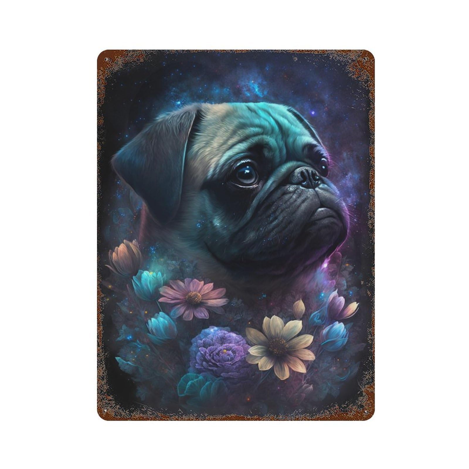 Galactic Pug with Flowers 15.7"x11.8" Rust Effect Tin Sign, Old School Wall Decor for Pub, Kitchen And Man Cave Decor