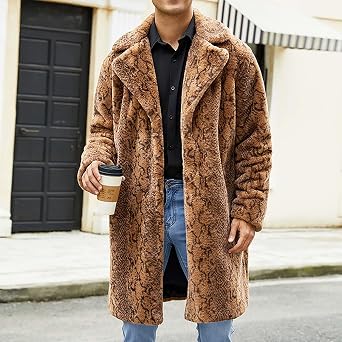 Men's Faux Fur Coat Leopard Print Open Front Cardigan Fleece Trench Coat Fuzzy Warm Jacket Plus Size Lapel Jackets