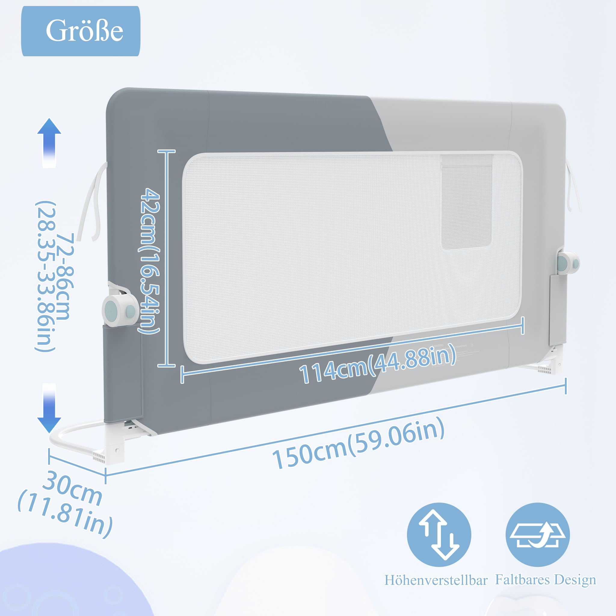 HENGMEI Zanzariera per letto da 150 cm, pieghevole a 180 gradi, rete traspirante regolabile in altezza (grigio + grigio chiaro)