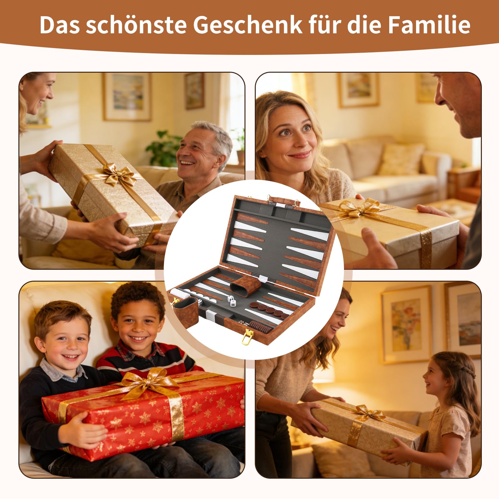 Backgammon Set,15 Zoll Backgammon Reise, Backgammon Koffer, 2 Spieler Brettspiel, Tragbares Reise Strategie Spiel Set mit Würfelbecher, für Erwachsene und Anfänger(Braun)