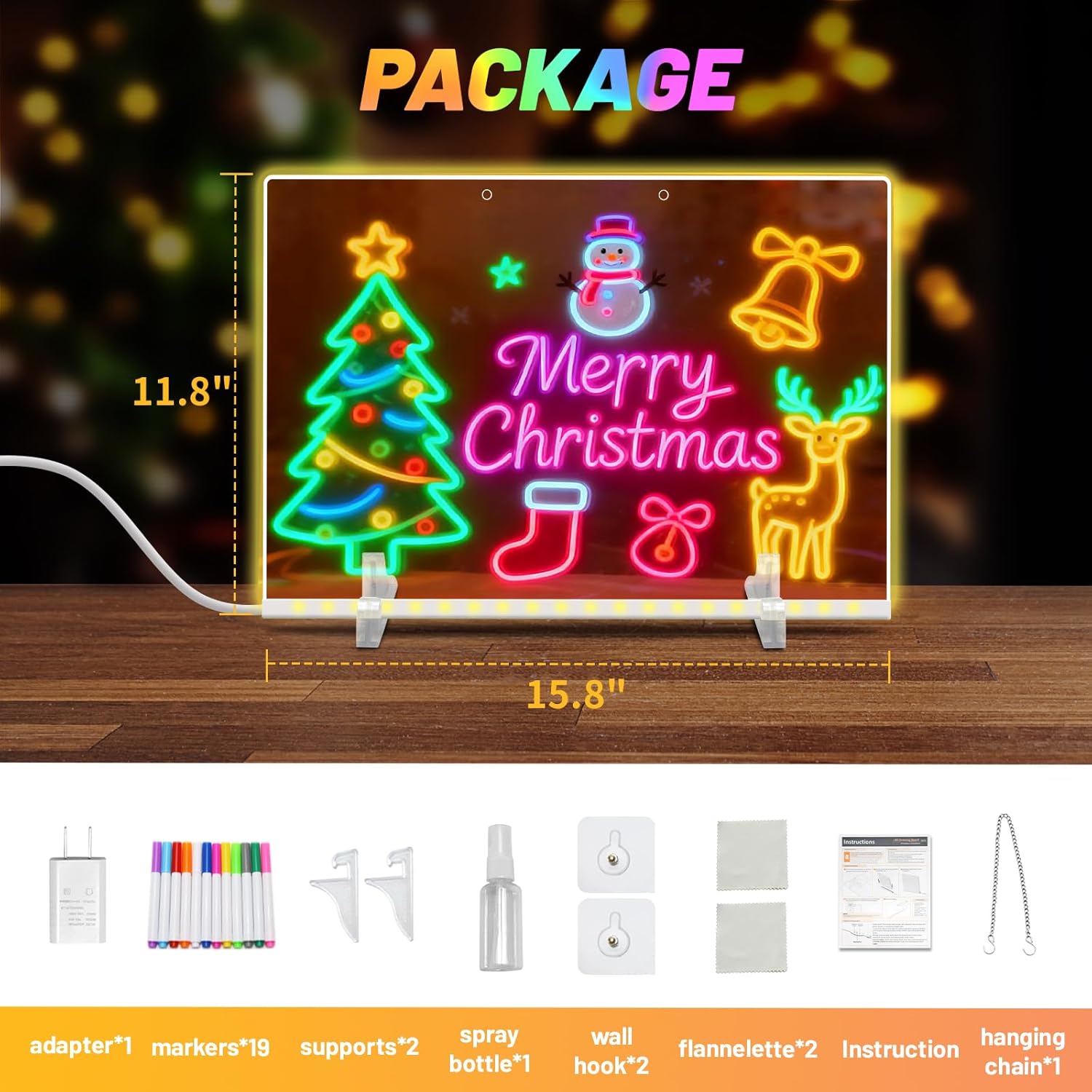 20 Inch, 19 Highlighter,Led Note Board with Colors for Kids,4Modes&7Colors Lumiboard Led Drawing Board for Kids,Light Up Sign,Acrylic Dry Erase Board with Stand,Adapter,Hanging Chain,Spray Bottle