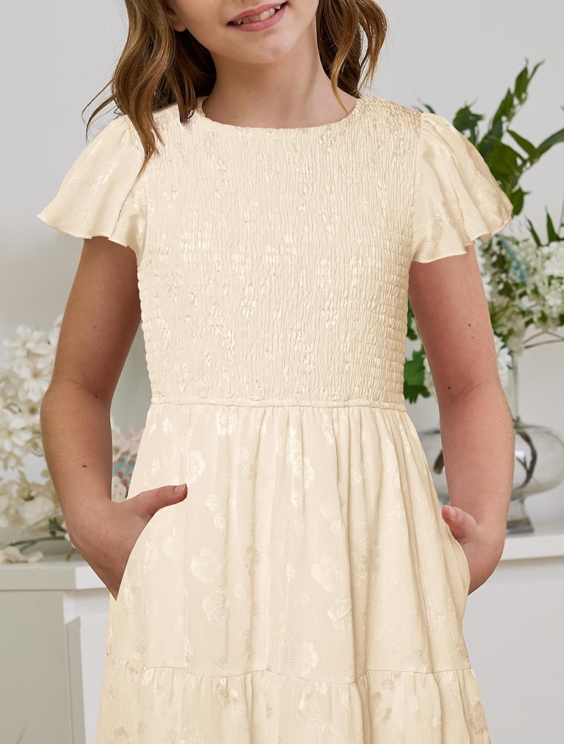 YOVION Flower Girls Dress Elegant Ruffle Sleeve Smocked A Line Tiered Flowy Wedding Guest Maxi Dresses for 6-12 Years - Image 5