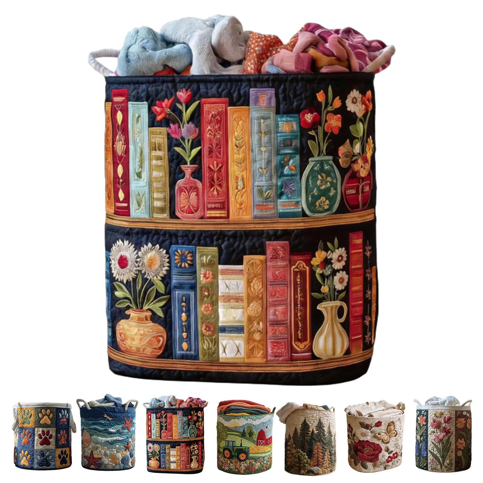 Large Quilted Laundry Basket Foldable Laundry Hamper with Handles Cute Boho Quilted Storage Basket, Quilted Laundry Basket Boho Fabric Floral Storage Hamper for Clothes Toys