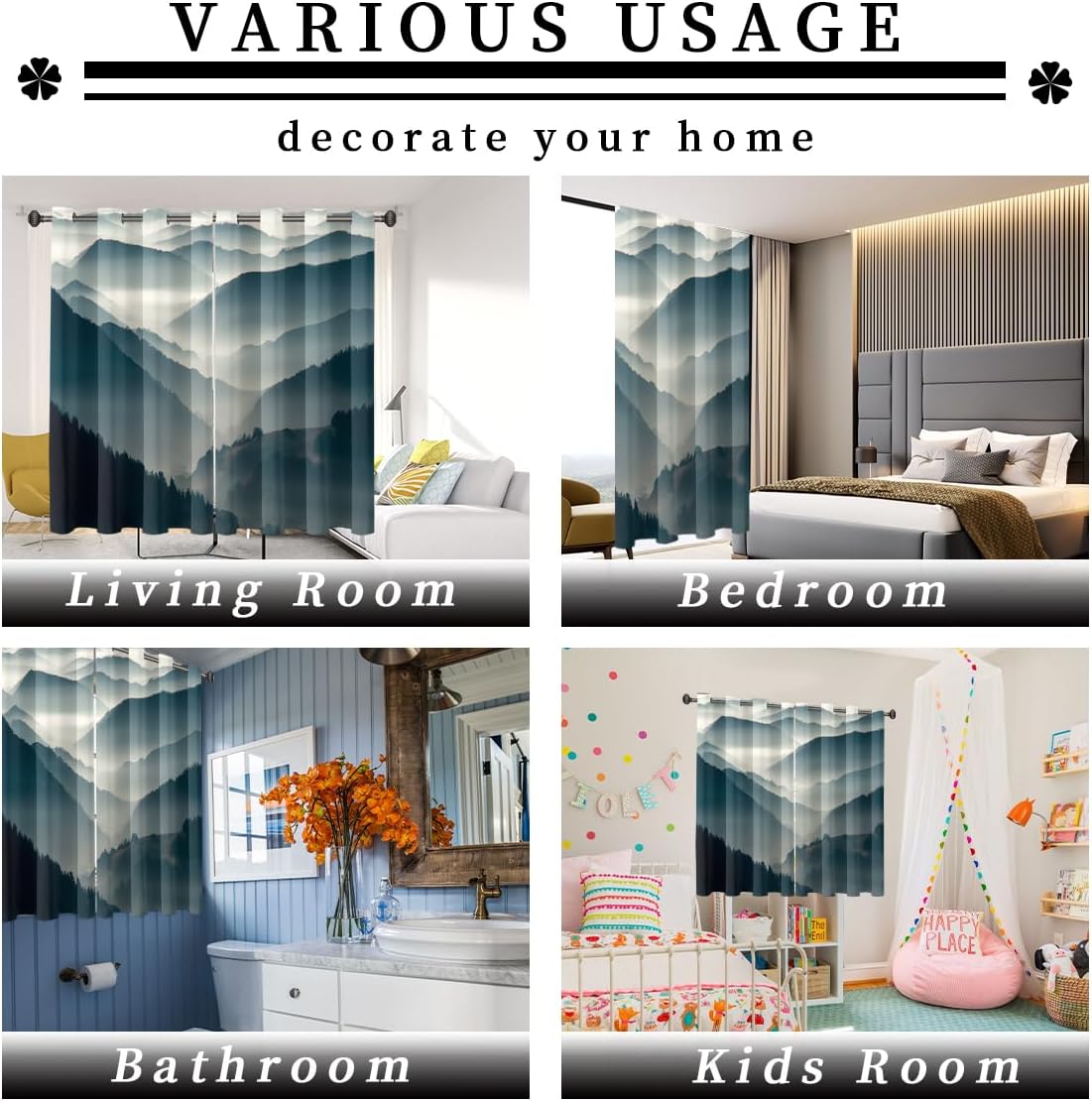 Watercolor Misty Forest Blackout Bedroom Curtains for Windows-Abstract Modern Mystical Fog Woodland Pine Tree Mountains Window Treatment,Blackout Grommet Curtains-21W x 63L 2 Panels
