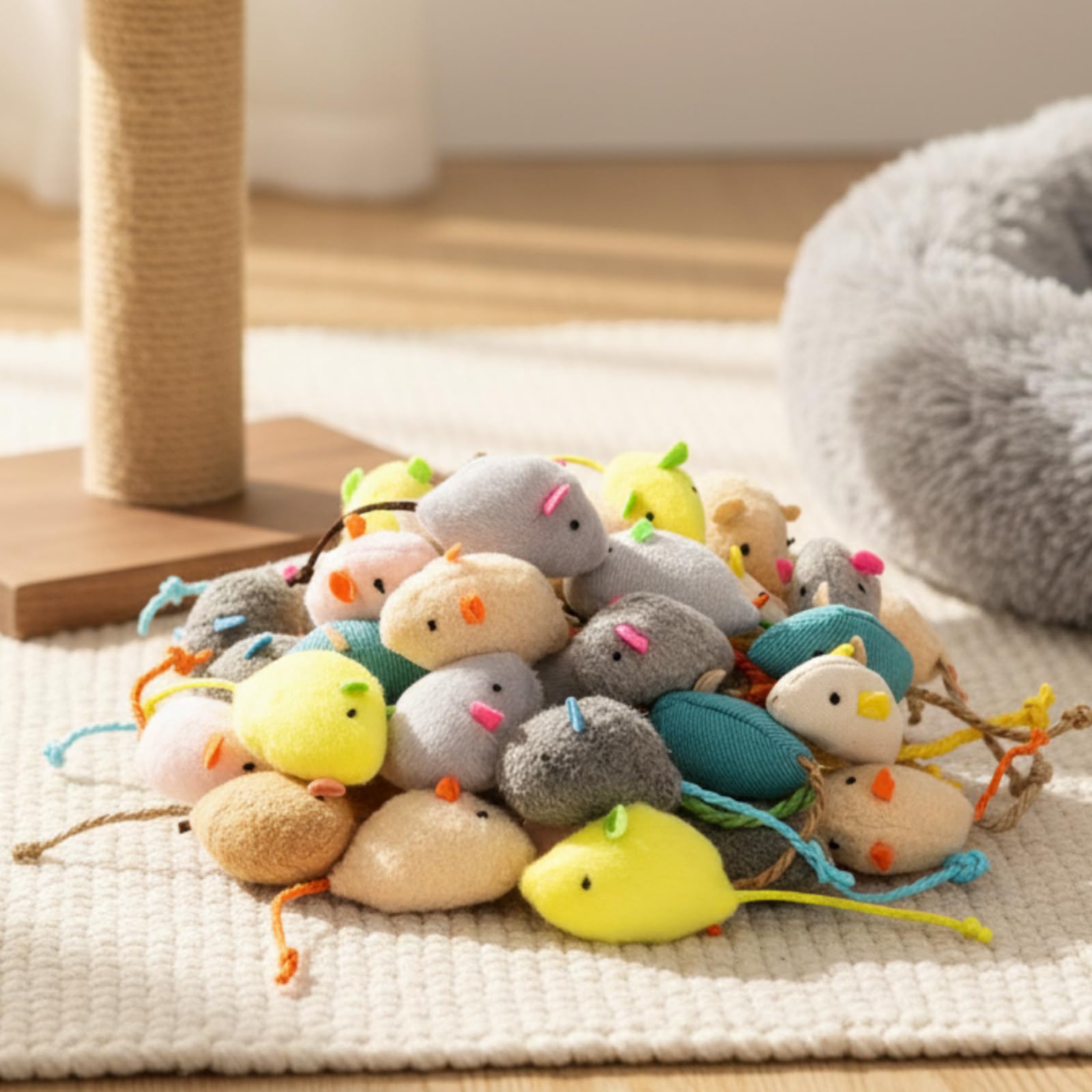 Leitee Paquete de 50 juguetes surtidos de ratones para gatos a granel con 1 bolsa de almacenamiento de regalo de pata de gato, ratón peludo, gatito, animales, juguete de limpieza de dientes, mini