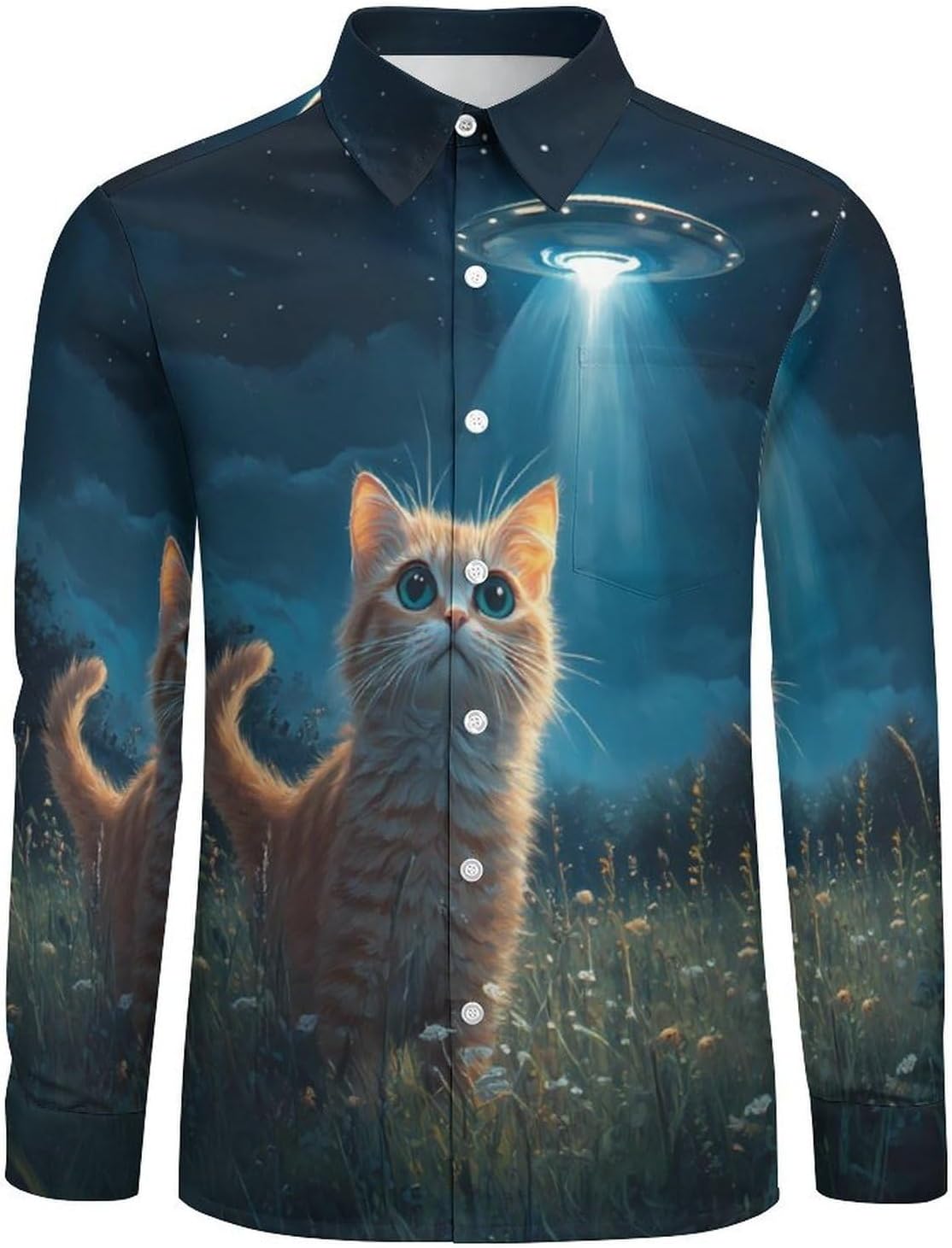 Funny Cat Long Sleeve Shirts Casual Dress Shirt Button-down T-shirts for Men