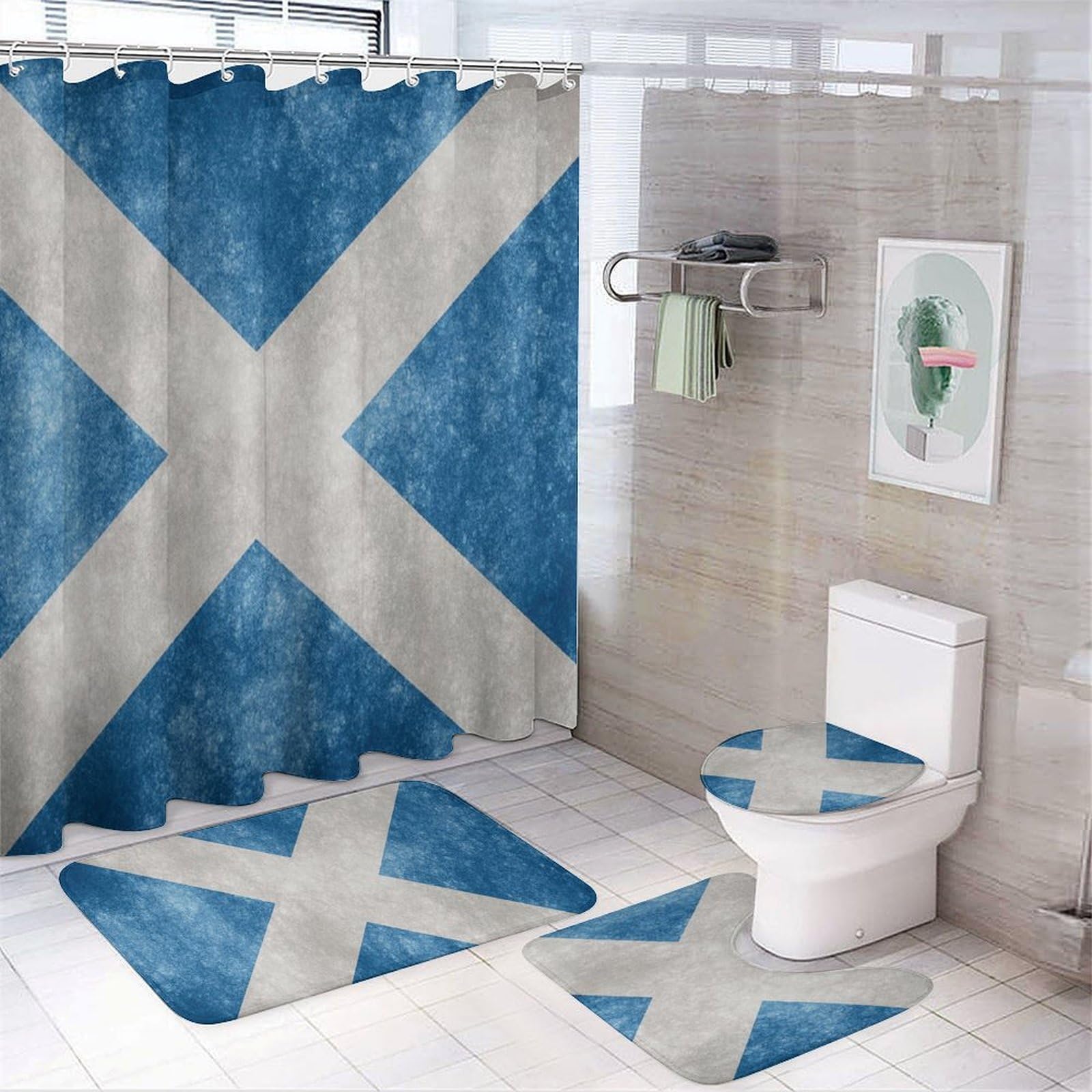 CGSBNGHA Vintage Scotland Flag Shower Curtain Set 4 Piece Bathroom Sets with Rugs Toilet Lid Cover And U-Shaped Floor Mat