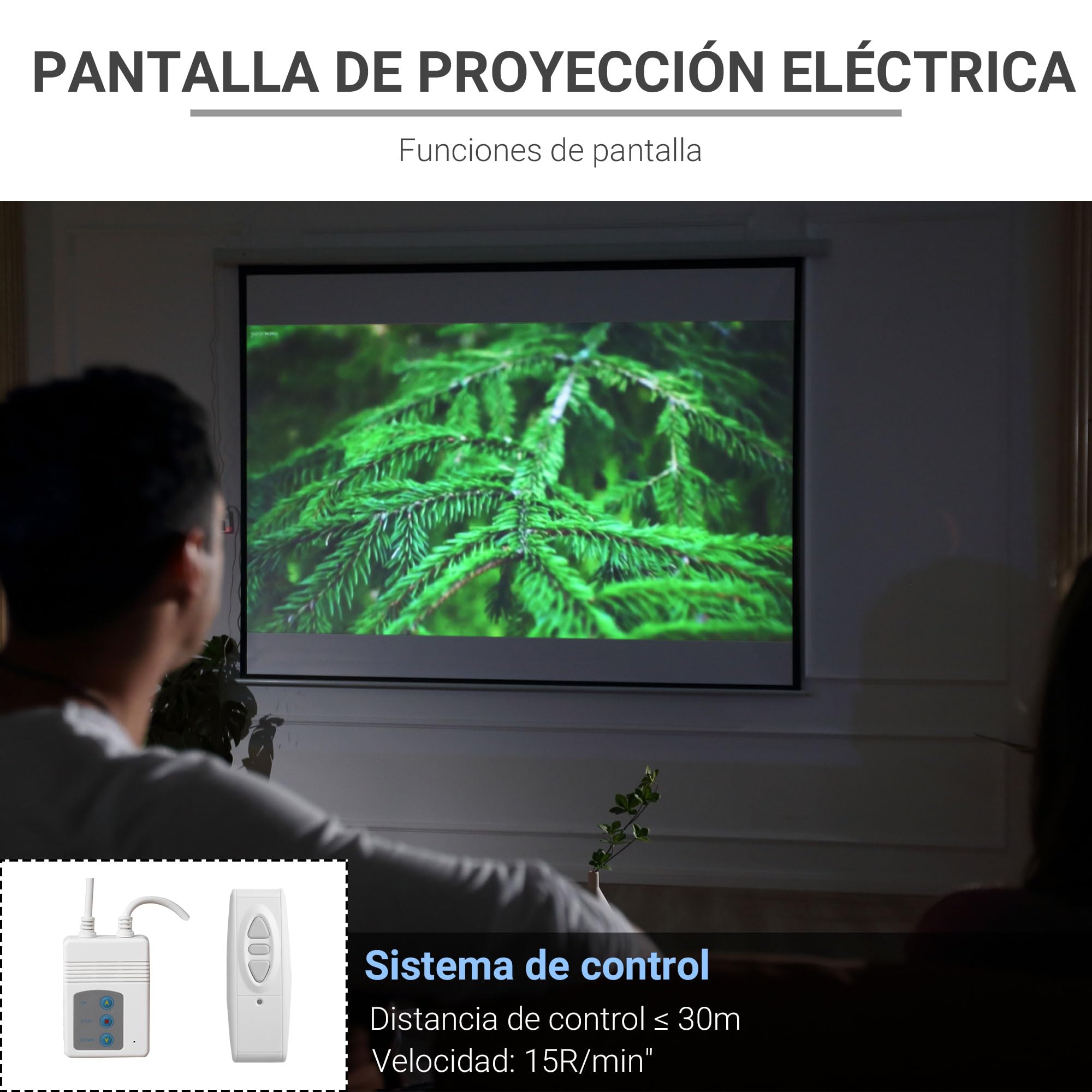 HOMCOM Pantalla de Proyector Eléctrica 120 Pulgadas Pantalla de Proyección Portátil Formato 4:3 con Mando a Distancia Tela de Proyección para Interior y Exterior Eventos Deportivos 244x183 cm Blanco