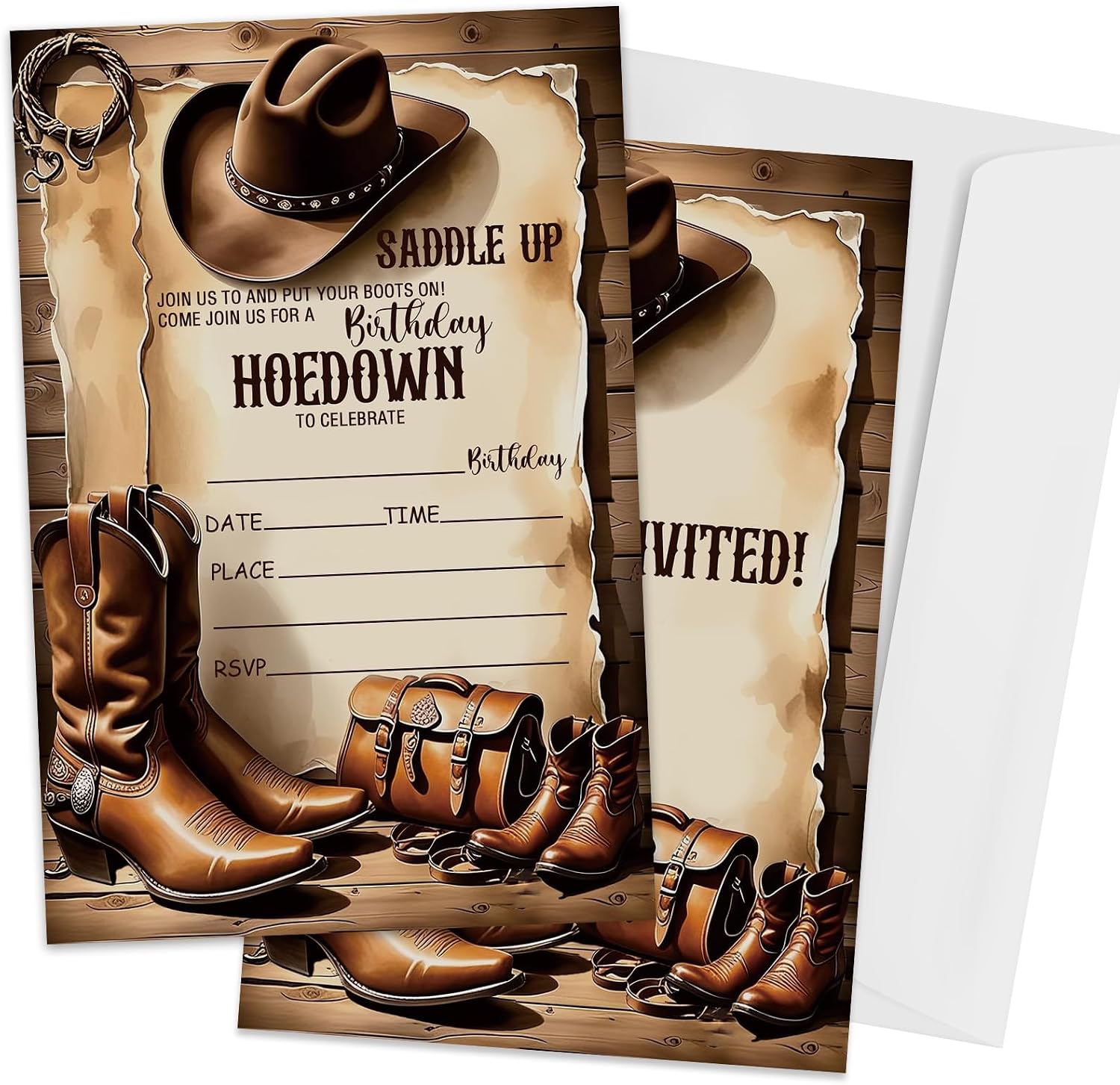 Western Hoedown Birthday Invitations, Retro West Boots Birthday Invitation with Envelopes for West Lovers, 20 Double-Sided Fill In Invitations with Envelopes, Birthday Party Favor & Supplies