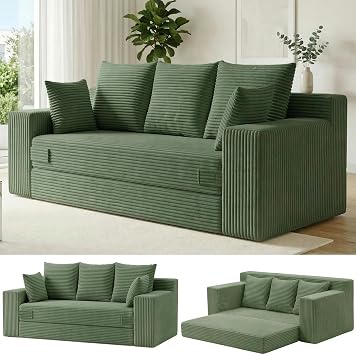Boneless Couch for Living Room, 3 Seater Convertible Futon Sofa Bed Comfy Pull Out Couch with 5 Pillows & Detachable Washable Cover, Upholstered Floor Sofa in A Box, No Assembly Required, Green
