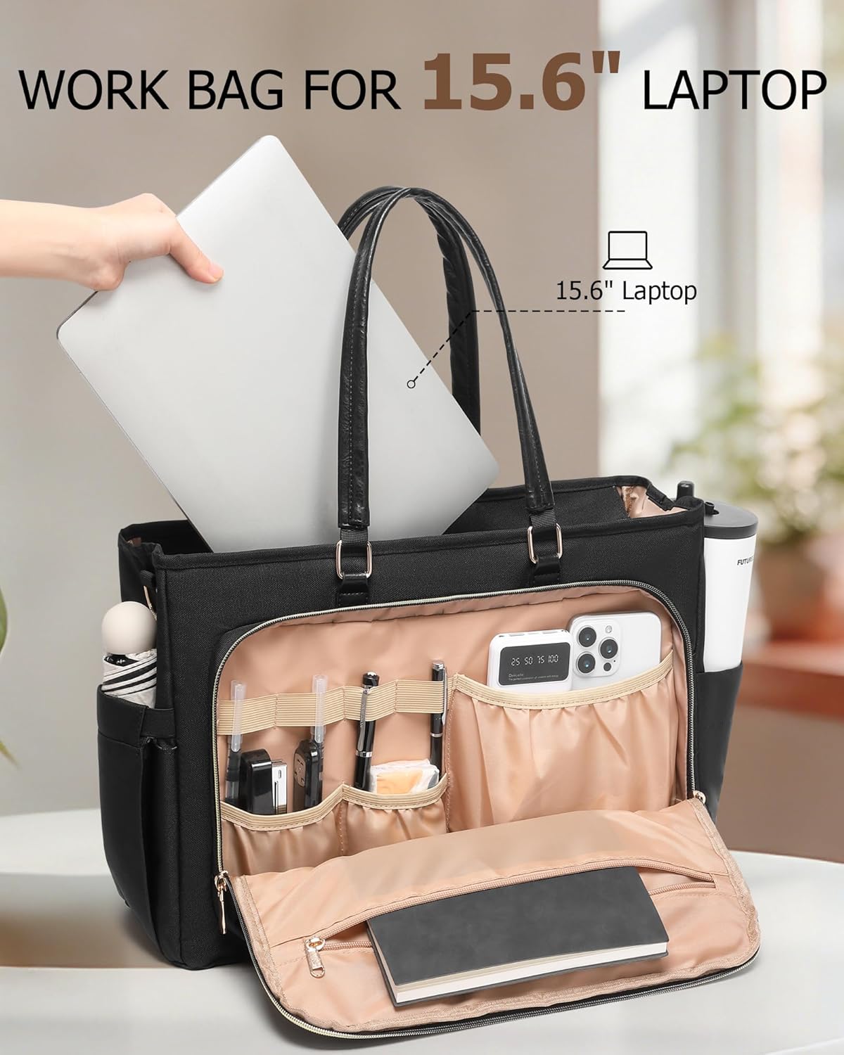 Lunch Tote Bag with 15.6" Laptop Compartment, Quilted Laptop Work Bag with Insulated Compartment 2 Cup Holders for Teacher Nurse Daily Travel